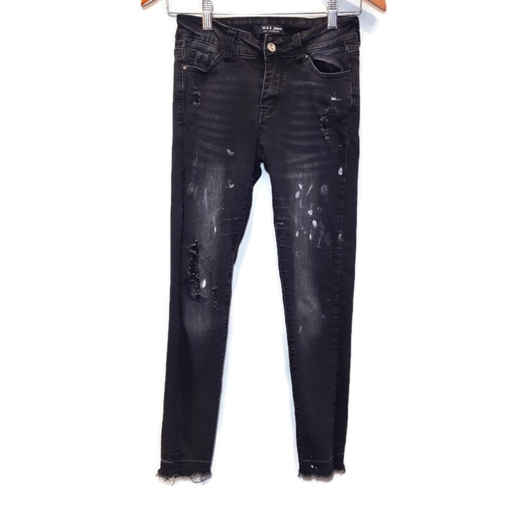Wax Jean Distressed Black Paint Splatter Skinny Ankle Jeans Womens Size 1